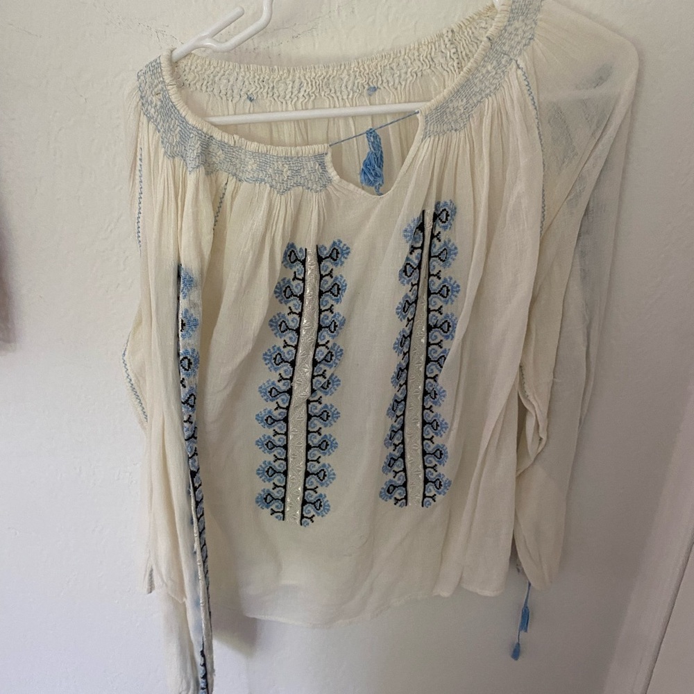 Embroidered Cream and Blue Women's Top